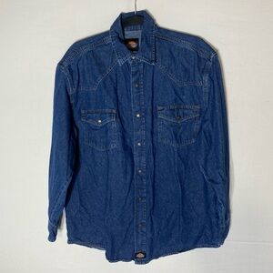 Dickies Med Wash Blue Denim Snap Front Casual Long Sleeve Shirt M